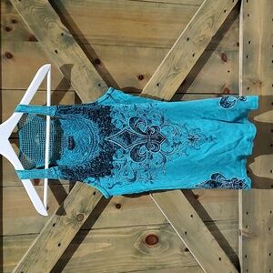 VOCAL FLEUR DE LIS TEAL BLACK TANK TOP RIBBED LACE SHIMMER